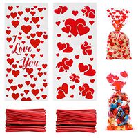 150 Pieces Valentine Heart Cellophane Bags Candy Goodies Gift Treat Bags and 150 Pieces Red Twist Ties for Valentine Supplies