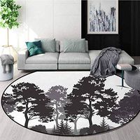 Black And White Computer Chair Floor Mat,Summer Forest With Pine And Fir Trees Grass Bush Silhouettes Printed Round Carpet For Children Bedroom Play Tent Diameter-47 Inch,Grey White Charcoal Grey