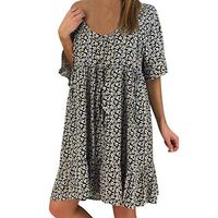Aniywn Women Ladies Round Neck Ruffle Short Sleeve Print Chiffon Loose Dress Plus Size Boho Mini Dress