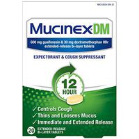 Cough Suppressant and Expectorant, Mucinex DM 12 Hr Relief Tablets, 20ct, 600 mg Guaifenesin, 30 mg Dextromethorphan HBr, Controls Cough and Thins & Loosens Mucus That Causes Cough & Chest Congestion