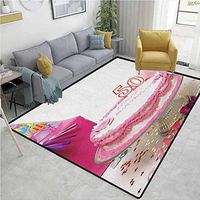 YucouHome 50th Birthday Sports Area Rugs for Bedroom, Delicious Cake with Golden Color Stars and Party Hat Presents Special Day, Fashionable High Class Living Bedroom Rugs(4'x 6') Multicolor