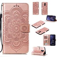 Cfrau Wallet Case with Black Stylus for Samsung Galaxy A6 Plus 2018,Beautiful Mandala Sunflower Embossed PU Leather Magnetic Flip Stand Soft Silicone Card Slots Case with Wrist Strap - Rose Gold