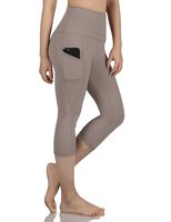 ODODOS Women's High Waist Yoga Capris with Pockets,Tummy Control,Workout Capris Running 4 Way Stretch Yoga Leggings with Pockets,DarkBeige,Small