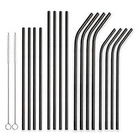 Berglander Reusable Titanium Plated Stainless Steel Drinking Black Straws Straight and Bent Metal Straws with Brushes for Milkshakes, Frozen Drinks, Smoothies, Bubble Tea, Set of 18
