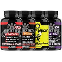Monster Test MAXX Testosterone Booster + Angry Energy + Monster Nitric Oxide Booster + Monster PM Sleep Aid 4-Bottle Bundle - Maximum Strength Test Boosting Weight Lifting Power Pack for Men (4-Pack)