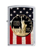 Zippo Lighter Satin Chrome Collectible New York Design (Regular, Liberty Dollar on US Flag)