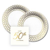 CR Gibson 50th Anniversary Gold Foil Design Paper Dessert Plates and Paper Napkins, 16 Servings, Bundle- 3 Items
