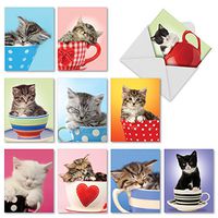Thank You Note Cards with Envelopes (Box of 10), 'Cup-Cats' Greeting Cards for Weddings, Baby Showers and Holidays, Adorable Kitten and Cat Stationery Set 4 x 5.12 inch M2969