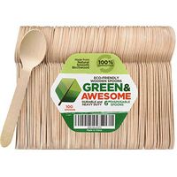 Disposable Wooden Spoons - Pack of 100, 6" Length Eco-Friendly 100% Compostable Biodegradable, Natural Wooden Utensils, Party Use, Camping by GREEN & AWESOME