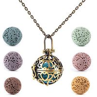 Bivei Aromatherapy Essential Oil Lava Stone Diffuser Necklace Pendant Bronze Vintage Locket Necklace With 7 Lava Beads(Round)