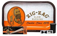 Zig Zag 1 1/4 Pre Rolled Cones (1 Pack), Zig Zag Orange Rolling Tray, Small Flip Top Storage Container (2 Pack), with Hippie Butler Grinder Card - 5 Item Bundle