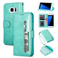 Zipper Wallet Case with Black Dual-use Pen for Samsung Galaxy S7 Edge,Aoucase Money Coin Pocket Card Holder Shock Resistant Strap Purse PU Leather Case for Samsung Galaxy S7 Edge - Mint Green