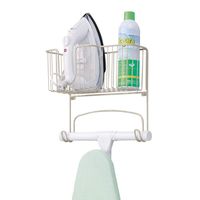 mDesign Metal Wall Mount Ironing Board Holder with Large Storage Basket - Holds Iron, Board, Spray Bottles, Starch, Fabric Refresher for Laundry Rooms - Satin