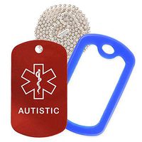 Autistic Medical Alert ID Necklace with Red Tag, Blue Silencer, and 30'' USA Chain - 154 Color Choices