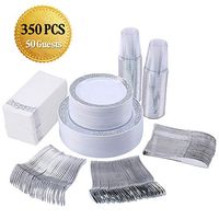 350 Piece Silver Dinnerware Set 50 Guest-100 Silver Lace Plastic Plates-50 Silver Plastic Silverware-50 Silver Plastic Cups-50 Linen Like Silver Paper Napkins,FOCUS LINE Disposable Dinnerware Set