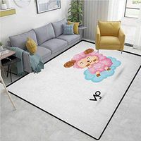 YucouHome Zodiac Aries Flowers Area Rug Nonslip Pads, Cartoon Style Funny Sheep Sitting on a Blue Cloud Birth and Future Kids Design, Fashionable High Class Living Dinning Room(4'x 6') Multicolor
