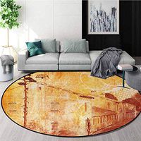Burnt Orange Modern Machine Washable Round Bath Mat,Retro Illustration Of A Street Of Old French Houses Mediterranean Environment Print Non-Slip Living Room Soft Floor Mat Diameter-39 Inch,Tan