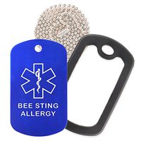 Bee Sting Allergy Medical Alert ID Necklace with Blue Tag, Black Silencer, and 30'' USA Chain - 154 Color Choices