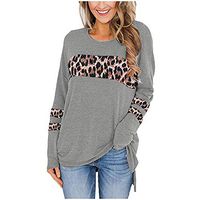 Xia&Han Women's Leopard Print Long Sleeve Fit Tunic Splice Shirts Loose Blouse Casual Pullover Tops Gray