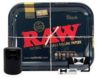 RAW Black Large Rolling Tray, Leaf Lock Gear Air-Tight UV Glass Stash Jar, Hippie Butler Magnifying Scoop Card, with Hippie Butler Grinder Card - 4 Item Bundle