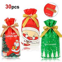 HOWAF Christmas Drawstring Gifts Treat Candy Bags for Xmas Storage Presents Sweets, Medium Christmas Tree Santa Goody Bags for Kids Adult Christmas Party Bag Fillers Party Decoration Supplies, 30pack