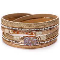BOLUBILUY Multi-Layer Leather Bracelet - Braided Wrap Cuff Bangle with Alloy Magnetic Khaki