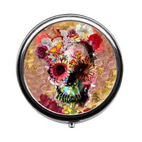 Qien BaiSei Beautiful Flowers and Skulls Pill Box/Pill Case-Round Pill Box/Case- Three-Compartment Pill Box/Pill Case