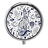 HOOSUNFlagrbfa Vintage Style Traditional Tattoo Flash Magic Inked Cat Doodle Trendy Stylish Old School Artwork Custom Round Travel Pill Vitamin Decoration Box Case Holder with 3 Compartments