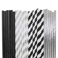 Shinny Foil Paper Straws (black solid,silver foil stripe,black stripe,silver foil solid, 100)
