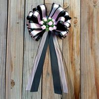 Pink and Black Striped Pull Bows with Tulle Tails and Rosebuds - 8" Wide, Set of 6, Valentine's Day, Easter, Wedding, Reception