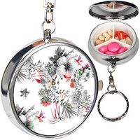 Portable Metal Pill Organizer Keychain Case Stash Box with 3 Compartments for Medicine Vitamin (Watercolor Leaf Flowers)