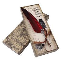 1 Set Antique Feather Dip Pen Quill Pen English Calligraphy Writing Ink Set with 5 Nib Wedding Gift (Red)