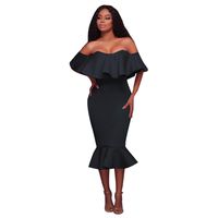 Minisoya Women Bodycon Off Shoulder Ruffle Skirt Evening Party Cocktail Flared Mermaid Pencil Dress (Black, L)