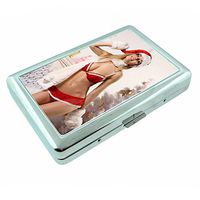 Christmas Pin Up Girls Santa Helpers USA S6 Silver Cigarette Case Metal Wallet Id Holder King & 100's 4" X 2.75" RFID Protection