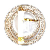 BLISSFUL DINING | 175 Pieces Disposable Gold Plastic Plates & Silverware Set: 25 Dinner Plates, 25 Appetizer/Dessert Plates, 25 Spoons, 25 Forks, 25 Knives, 25 Cups and 25 Napkins (Gold Rim)