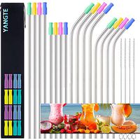 Stainless Steel Straws Set of 16 Metal Straws FDA Reusable Drinking Straws,10.5" 8.5" Extra Long Straws Fit 20/30 oz Tumbler with 16 Silicone Tips,4 Cleaning Brushes (8 Straight Straws+ 8 Bent Straw)