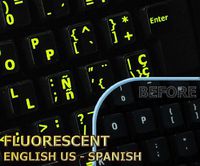 Glowing fluorescent Spanish - English keyboard stickers