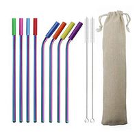 JANKNG 18/10 Stainless Steel Metal Straws With Silicone Tips Colorful Rainbow Reusable Drinking Straw For Tumblers Rumblers Cold Beverage (4 Straight|4 Bent|2 Brushes|1 Bag), Dishwasher Safe