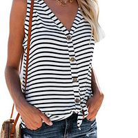 Liraly Womens V-Neck Button Stripe Sexy Vest Summer Sleeveless T-Shirt White