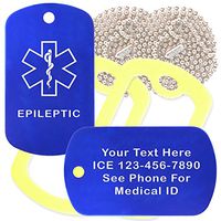 Custom 2 Pack - Epileptic Medical Alert ID Necklaces with Blue Custom Tags, Yellow Silencers, and 30'' USA Chains