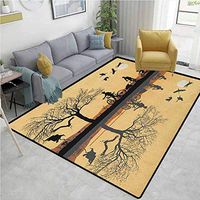 YucouHome Mountain Flowers Area Rug Nonslip Pads, Silhouette of Strokes and a Family with Bicycles Near a Lakeside, Fashionable High Class Living Dinning Room(2.5'x 7') Earth Yellow Black Brown