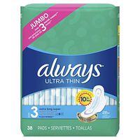 ALWAYS Ultra Thin Size 3 Extra Long Super Pads With Wings Unscented, 38 Count