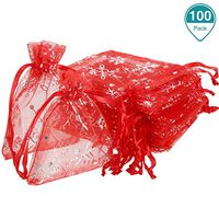 100 Pieces Valentine Organza Bags Red Snowflakes Organza Gift Bags Jewelry Candy Drawstring Pouches for Valentine's Day Winter Wedding Christmas Party, 2.8 x 3.5 Inch