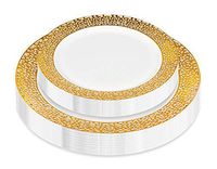 50 Piece Disposable Plates - Heavy Duty Plastic Dinnerware for Wedding Birthday Party Holiday Baby Shower - Includes 25 Dinner Plates and 25 Dessert Plates (Gold Lace)