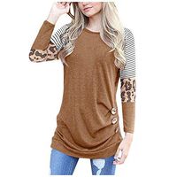 Women's Soft Long Sleeve Raglan Tunic Leopard Print Stripe Patchwork Button Color Block Round Neck Fashion T Shirt Top（Brown，L）