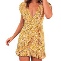 Mlide Women's Summer Casual Dresses Short Sleeve V Neck Button Zip Mini Dress BohoPrinting Dress,Yellow XXL