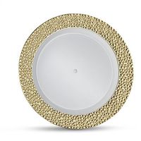 [32 Count - 7 Inch Plates] Laura Stein Designer Tableware Premium Heavyweight Plastic White Appetizer - Salad Plates With Gold Border, Party & Wedding Plate, Glitz Series, Disposable Dishes