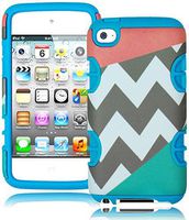 Bastex Heavy Duty Hybrid Hard Case for Apple Ipod touch 4 - Coral Pink and Teal Split with Chevron Design Shell - includes Sky Blue Soft Silicone Cover