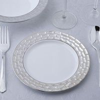 BalsaCircle 24 pcs 7.25-Inch White with Silver Textured Rim Plastic Round Plates - Disposable Wedding Party Catering Tableware