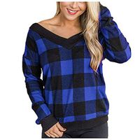 Sunhusing Women's Loose V-Neck Long Sleeve Plaid Printed Stitching Casual Short Sweatshirt Pullover Tops(Blue,L)
